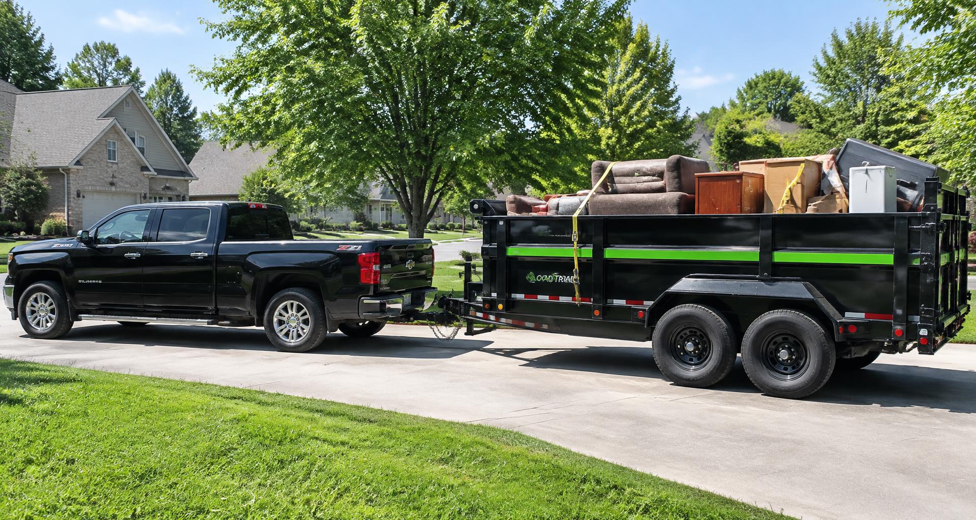 Illustrative junk hauling truck and trailer in a residential driveway